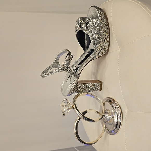 KATE Spade Glitter Miya Silver Cinderella 8 Sandals Heels Rhinestone Shoes NEW - Picture 13 of 13